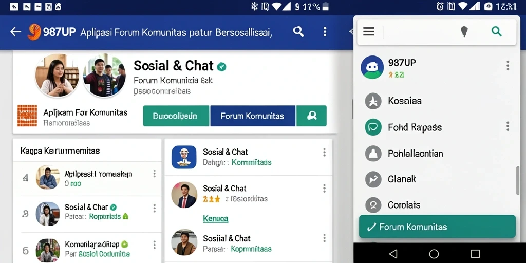 Antarmuka aplikasi 987UP dengan berbagai topik diskusi menarik.